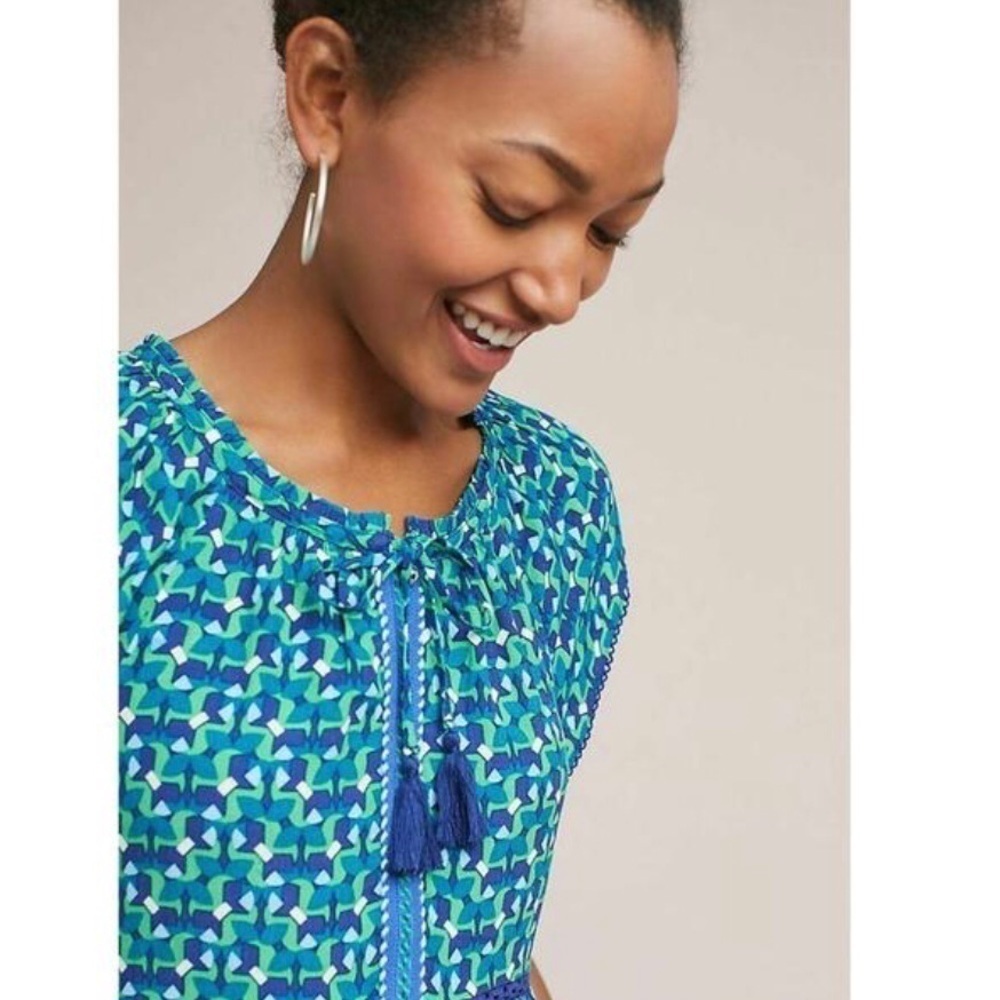 Anthropologie Blue Treme Tassel Tie Front Blouse NWT Size SP - Picture 6 of 6